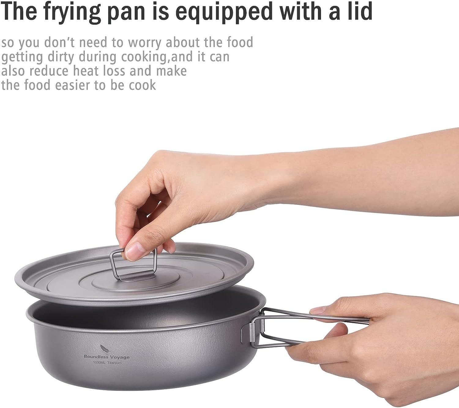 Boundless Voyage Ultra-light Titanium Frying Pan with Folding Handle  Outdoor Camping Skillet Griddle Tableware Titanium Pan Ti15170B