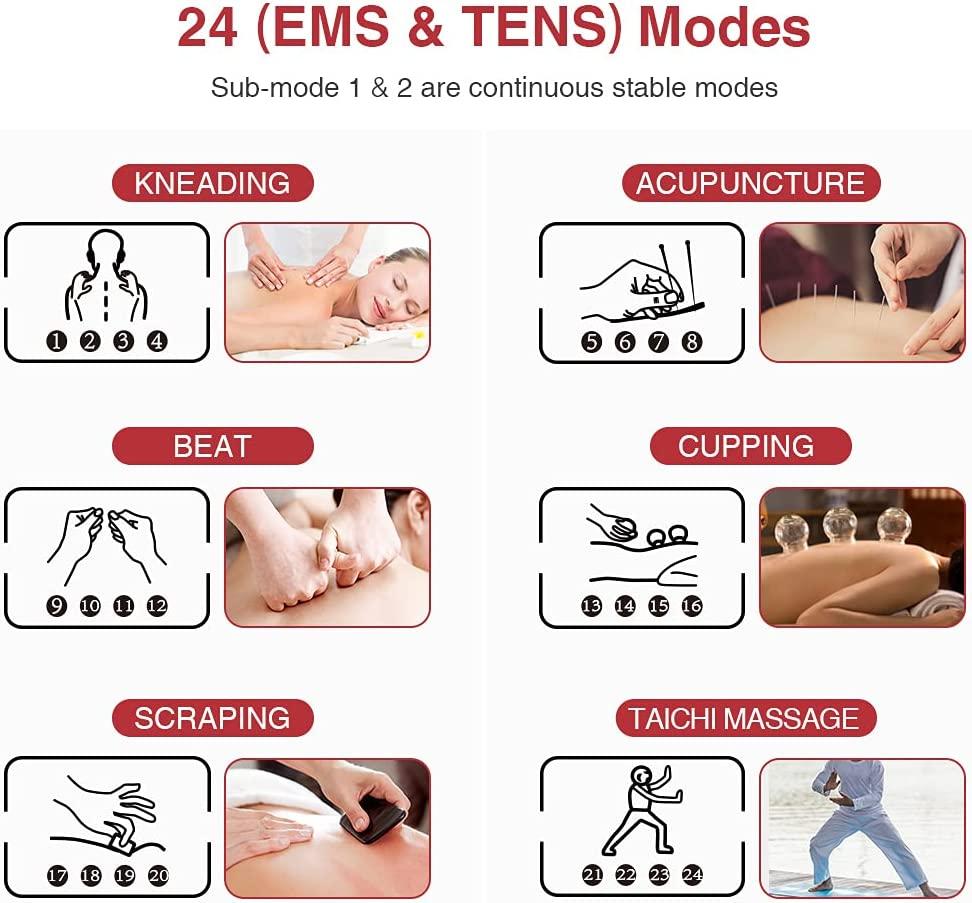 NURSAL 24 Modes Rechargeable Dual Channel TENS EMS Unit Muscle Stimulator TENS  Machine Pulse Massager with 12 Pcs Pads for Pain Relief Therapy 