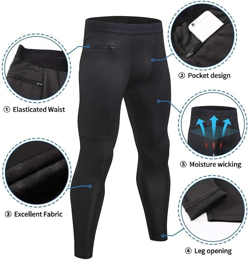 WRAGCFM Men's Compression Pants Workout Athletic Leggings Running Gym Tights  with Pockets Black Large
