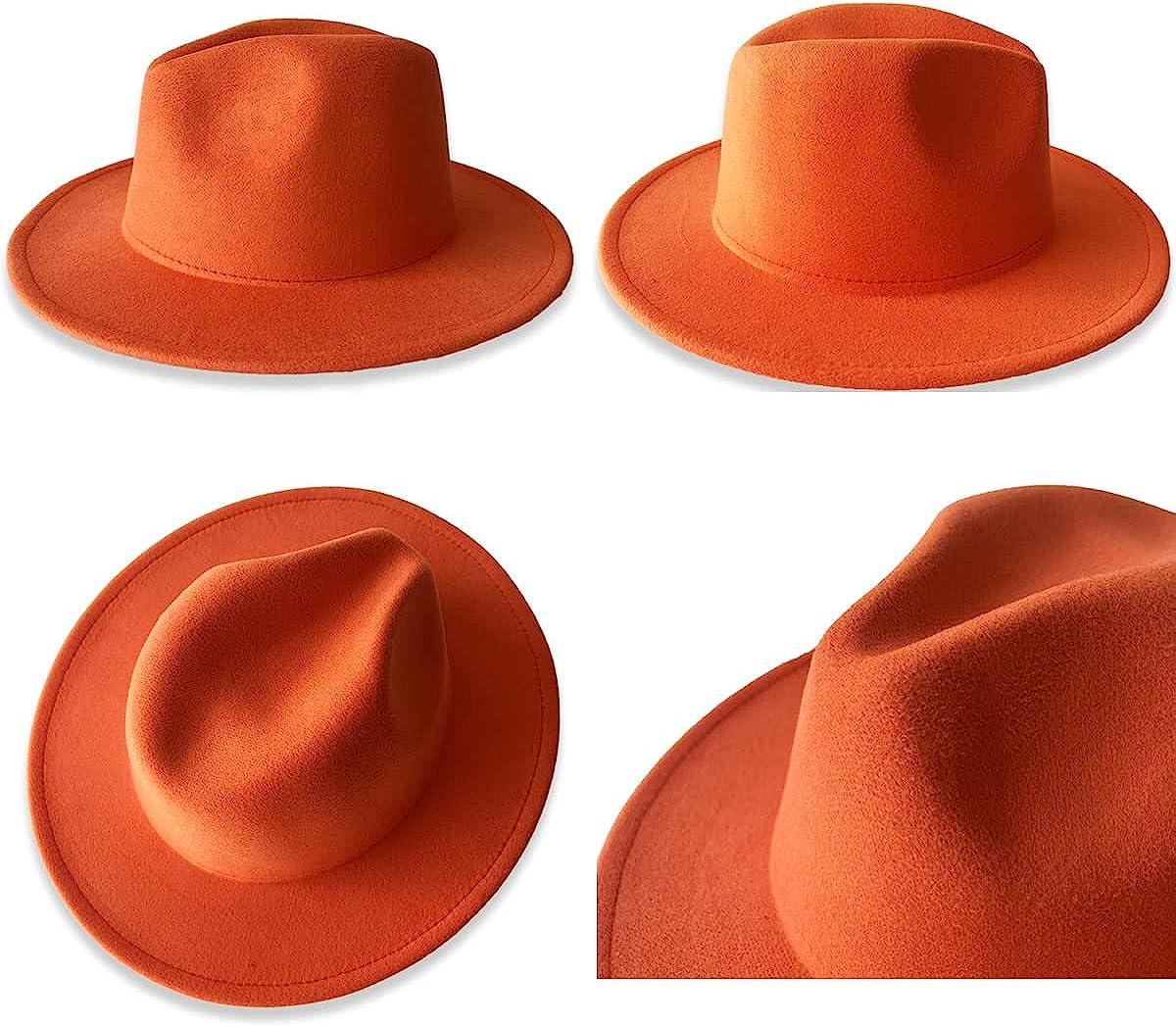 REVKI Wide Brim Fedora Hats for Women Dress Hats for Men Two Tone Panama Hat  with Belt Buckle Light Orange