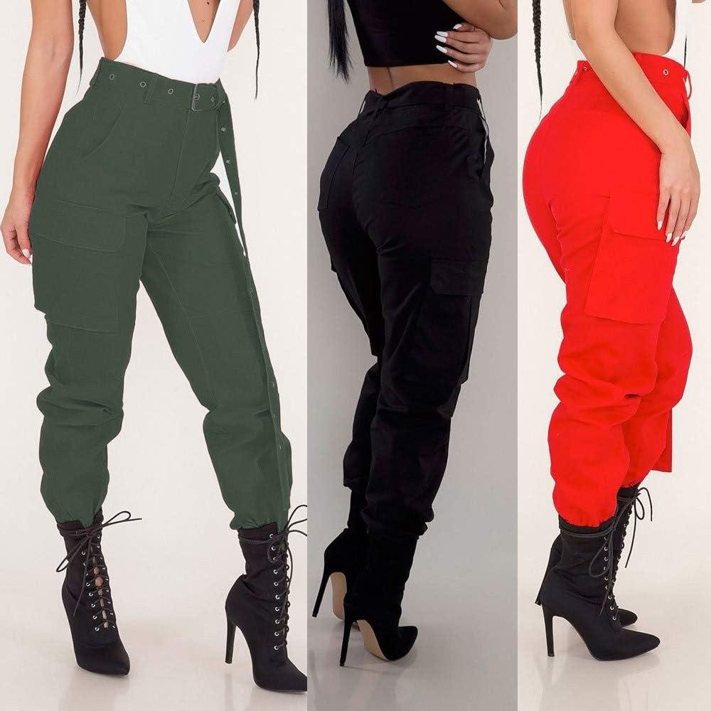 TRENDINAO Tapered Cargo Pants Women Casual Waist Tie Solid Military Combat  Joggers Trousers with Utility Pocket Large Black