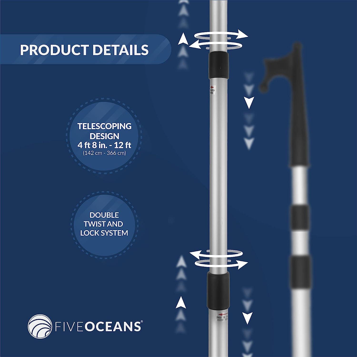 Five Oceans FO3466 Telescoping Aluminum Boat Hook, Extends from 4-1/2 ft /  56 inches (142cm) to 12 ft / 144 inches (366cm), Anodized Aluminum shaft,  ABS Plastic