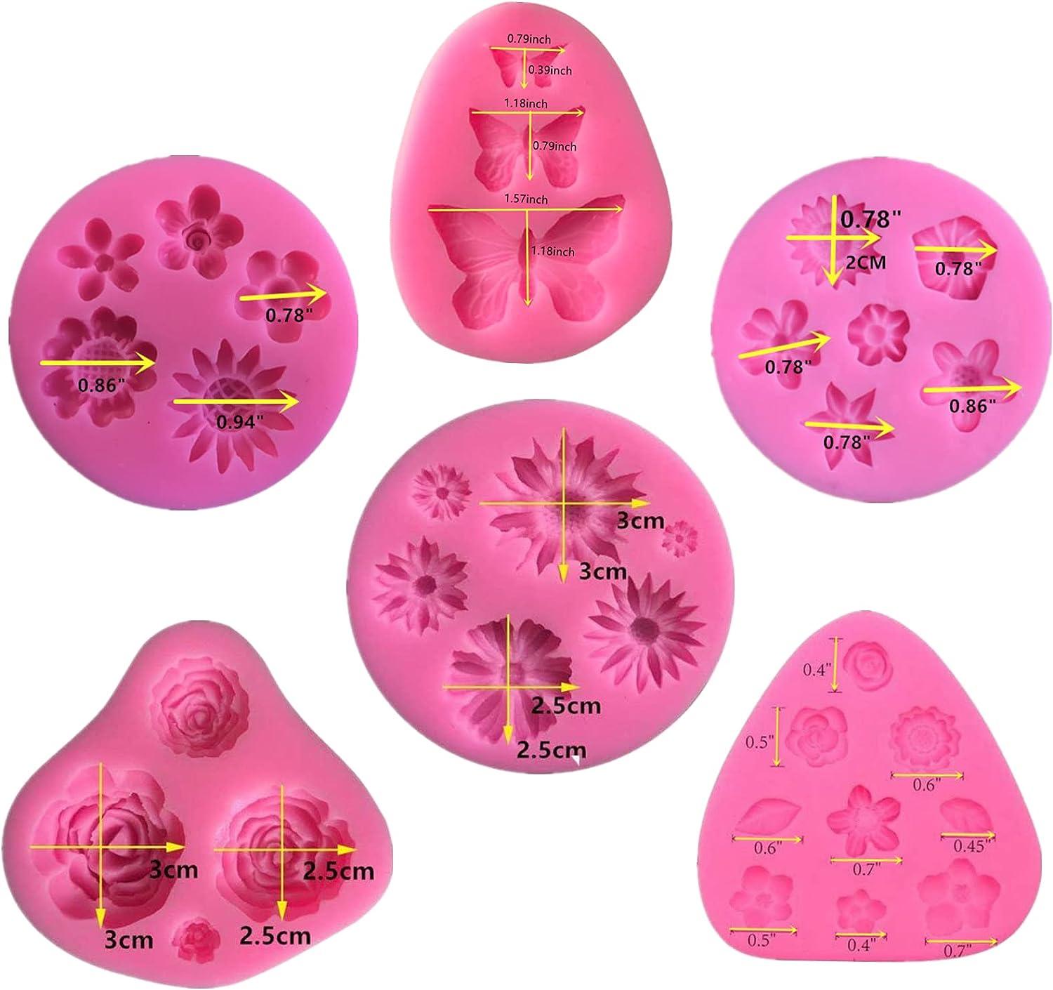 Namotu 6 Pack Fondant Molds, Mini Flower Mold Butterfly Molds Leaf Mold, Rose Clay Molds Pink Polymer Clay Molds, Non-Stick Silicone Mol