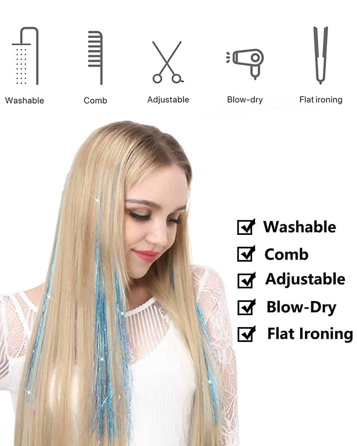  Hair Tinsel Strands Kit, Tinsel Hair Extensions, Shining Shiny  Hair Tinsel Extensions for Women Girls Christmas New Year Party with Tools  (12 Colors+Black Silicone Link Rings Beads, 2400 Strands) 