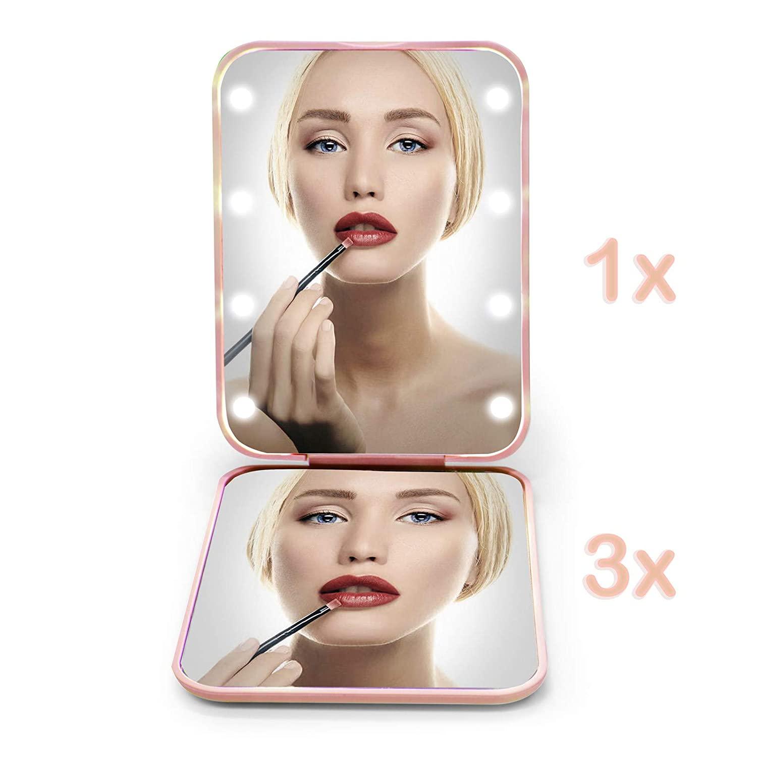 Kintion Pocket Mirror, 1X/3X Magnification LED Compact Travel Makeup Mirror,  Compact Mirror with Light, Purse