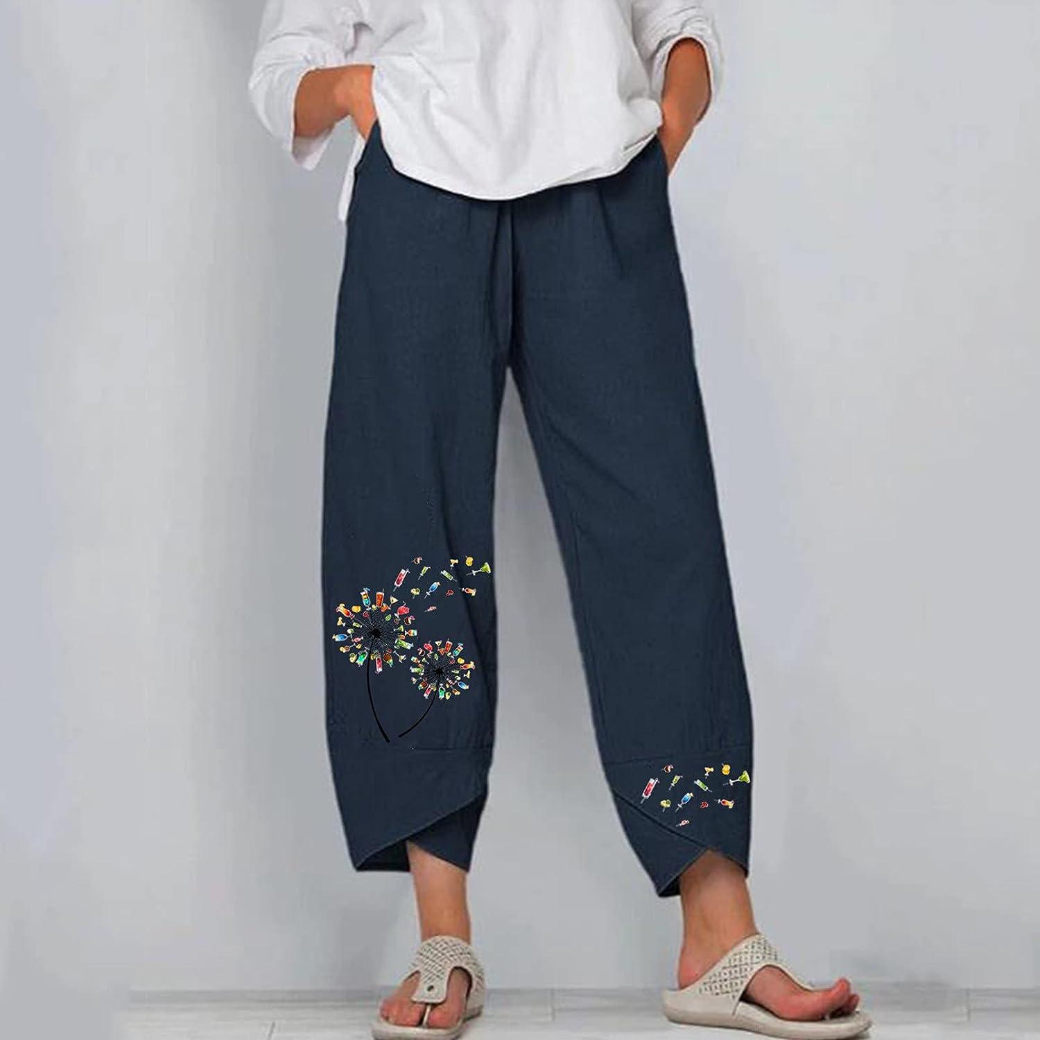 Womens Summer Capri Pants Elastic Waist Cotton Linen Wide Leg Capris Lounge  Cropped Beach Pants Trousers with Pockets