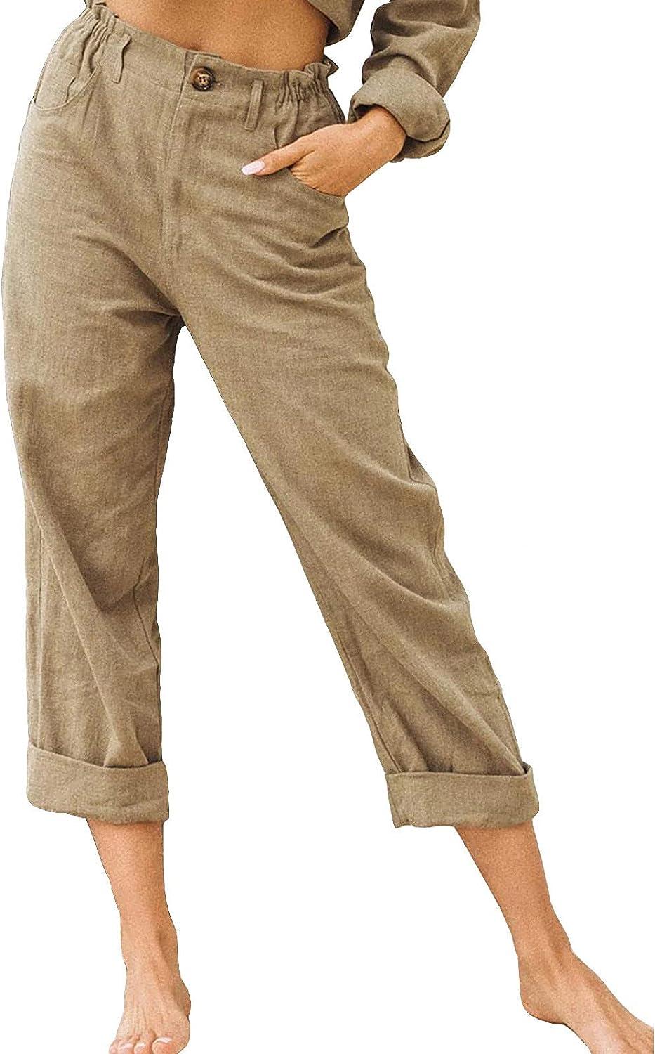 MALAIDOG Womens Cotton Linen Beach Lounge Pants Summer Casual Solid  Slimming Fitted High Waist Wide Leg Trousers with Pockets Khaki Medium