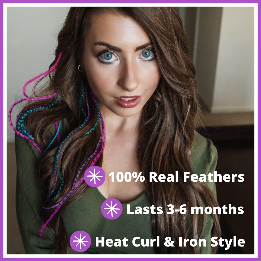 Feather Lily Feather Hair Extensions, 100% Real Rooster Feathers, Long  Pink, Purple, Blue Colors (B1 mix)