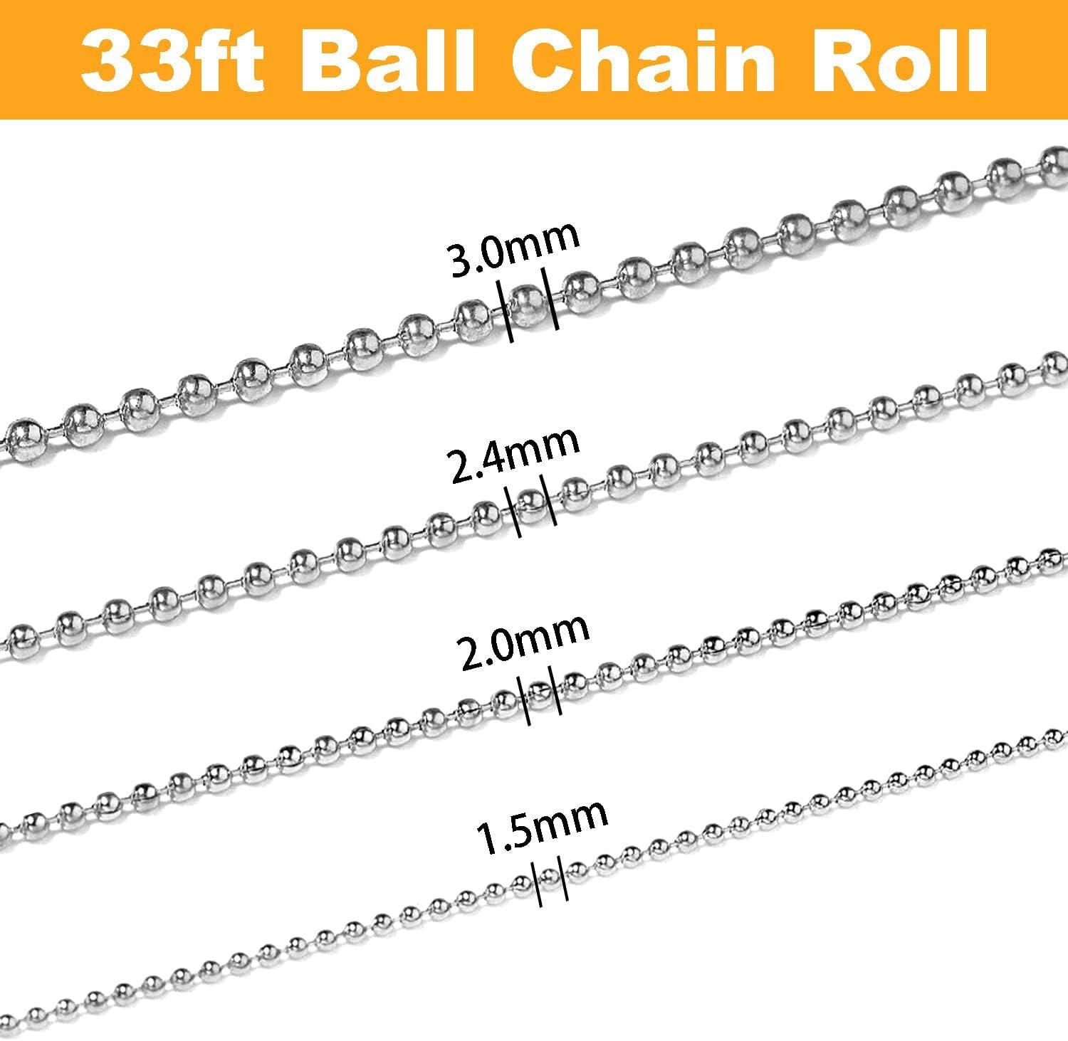 33ft Stainless Steel Ball Chain 3mm Bead Dog Tag Chain Beaded Necklace  Chains for Jewelry Making Bracelet Military Crafts, Silver Metal Pull Chain  Small Ball Bead Chain Roll w/20 Connectors 