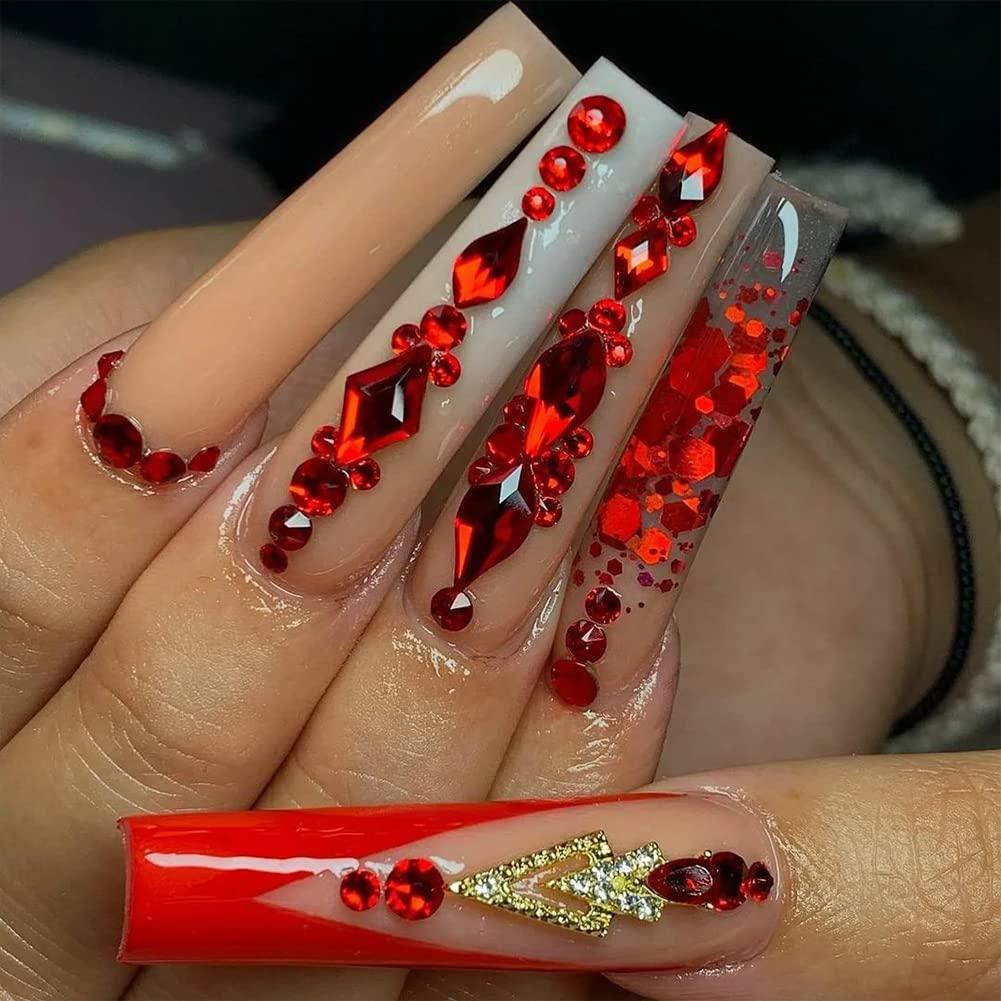 Amazon.com: Red Press on Nails Almond Fake Nails Medium Shape Acrylic Nails  French Tip False Nails with Gold Glitter Design Full Cover Glossy  Artificial Nails Glue on Nails Stick on Nails for