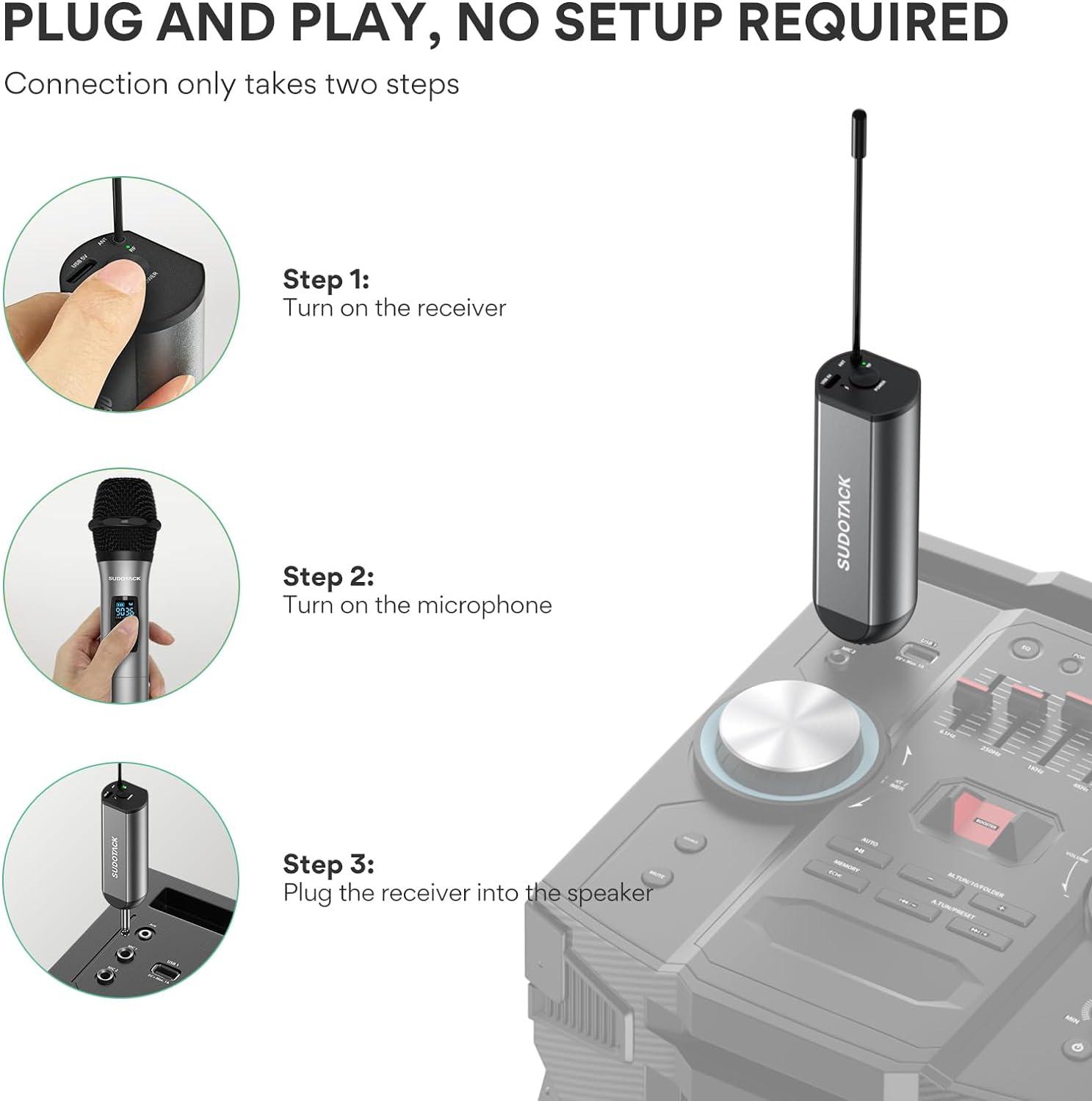 SUDOTACK Wireless Microphone Clear Sound Plug & Play Metal UHF