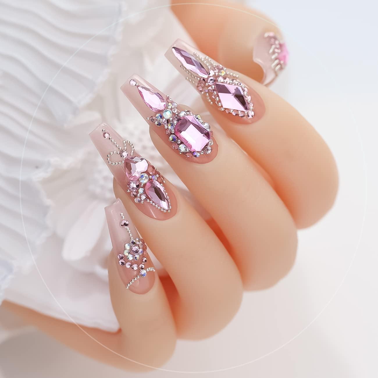 qiipii 24 Styles Pink Rhinestones Nail Crystals Multi Shapes Flatback Light  Pink Gems Round Beads K9 Glass Stones Diamonds Jewels Nail Art Supplies