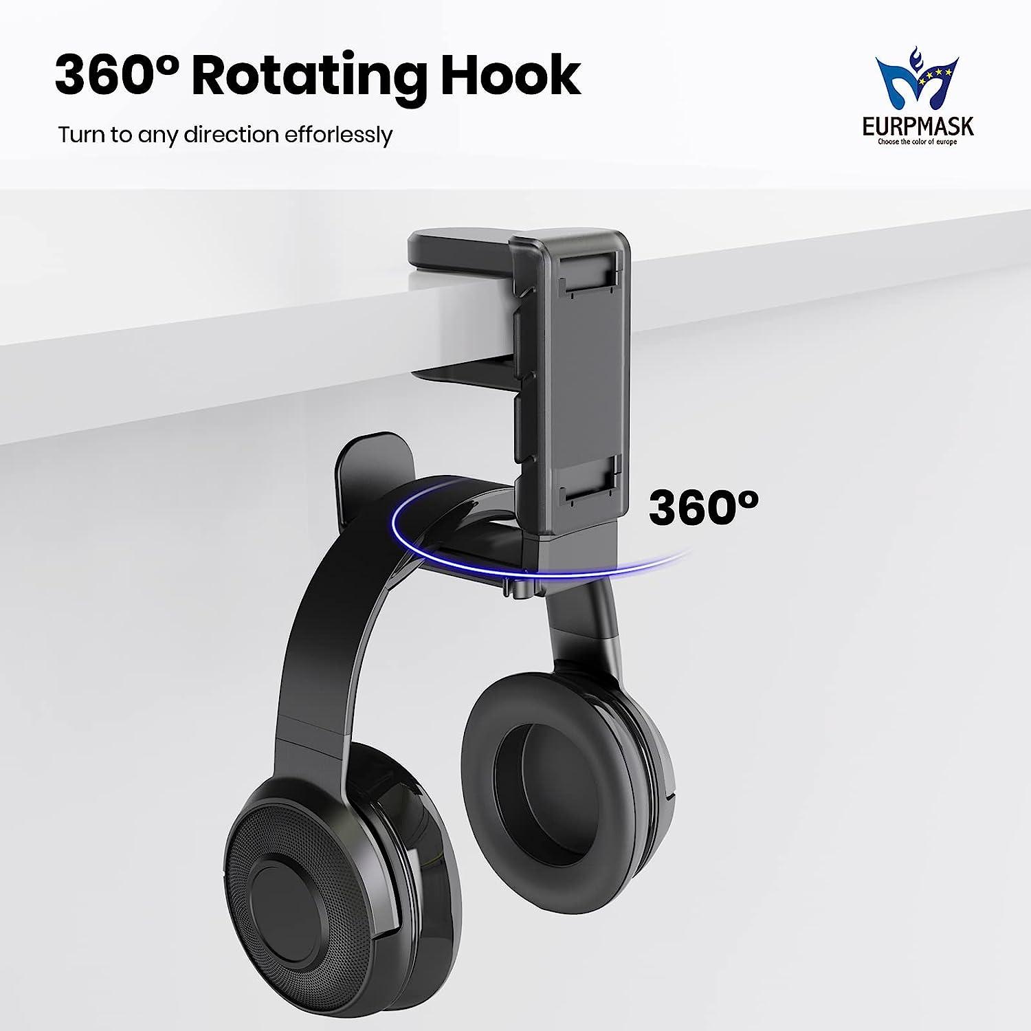 PC Gaming Headphone Stand, Dual Headset Hanger Hook Holder with Adjustable  & Rotating Arm Clamp