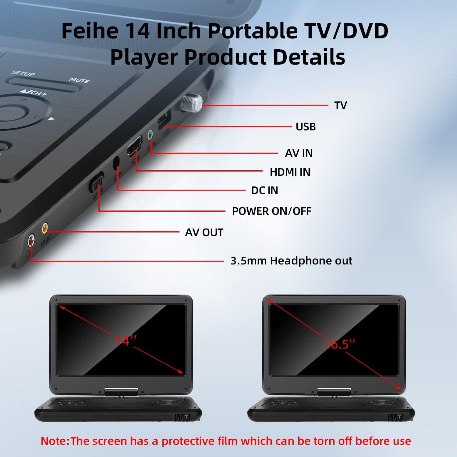 Feihe 14 Inch Portable TV/DVD Player Combo with HD Swivel LED
