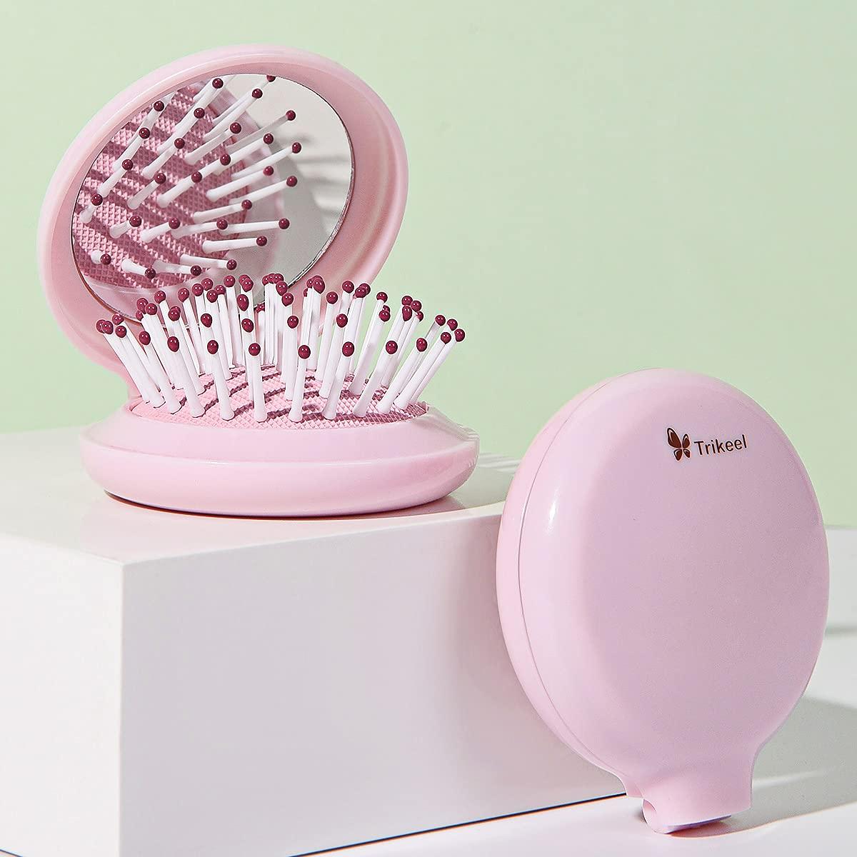 Mini Hair Brush for Purse, Small Portable Pocket Hair Brush with Mirror for  Girls, Travel Size, Pink