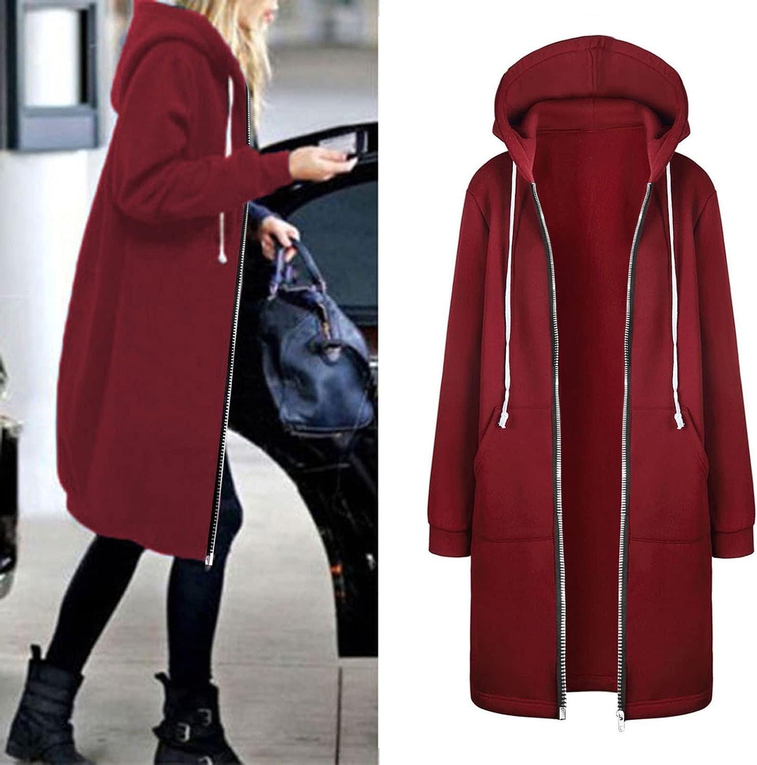 Winter Clothes for plus Size Women Ladies Casual Solid Full Zip Hooded with  Drawstring Long Sleeve Pocket Long Coat Outwear Outdoor Jacket Womens  Hoodie Jacket (Wine, S) : : Fashion