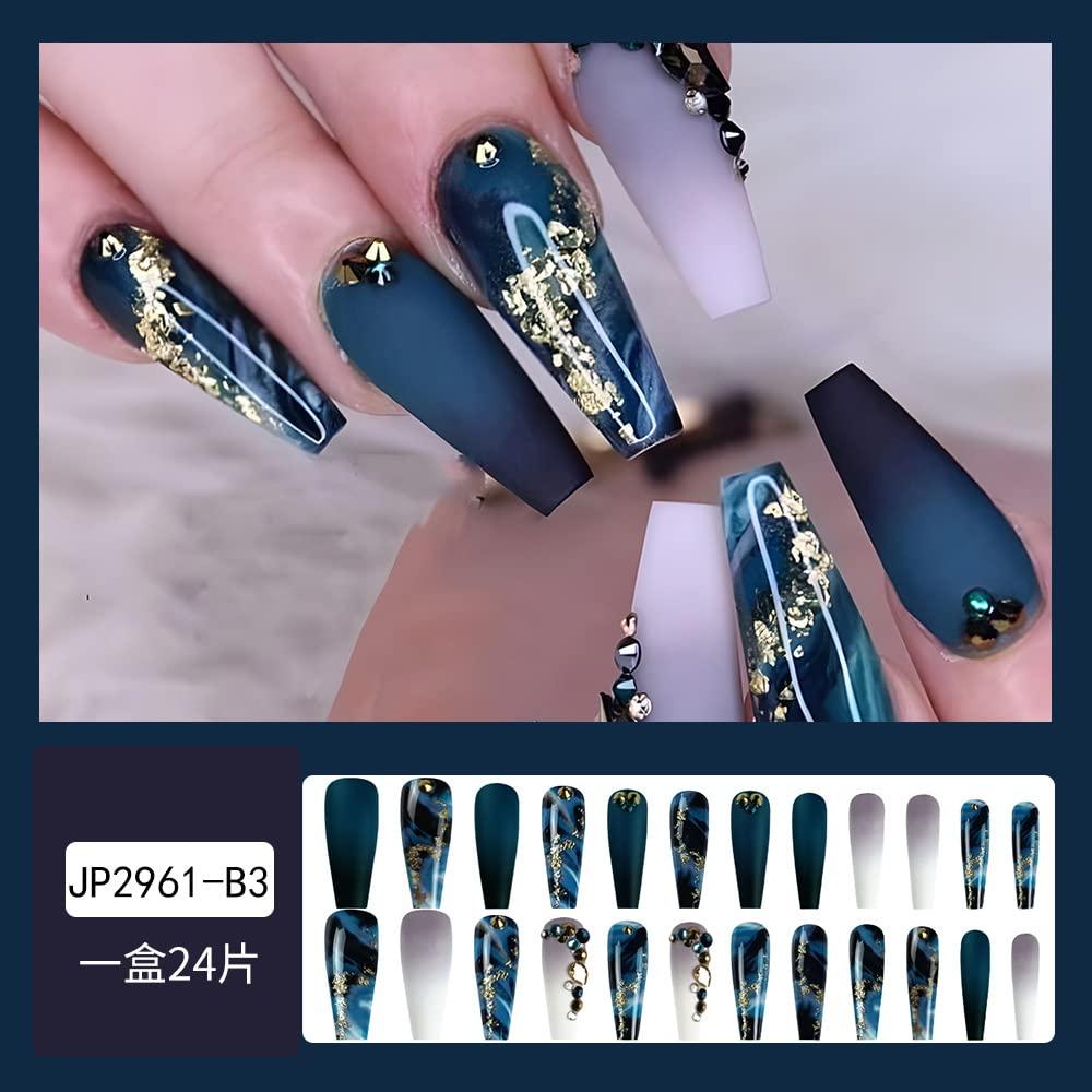 Long Press on Nails Coffin Shape Fake Nails with Rhinestone Design