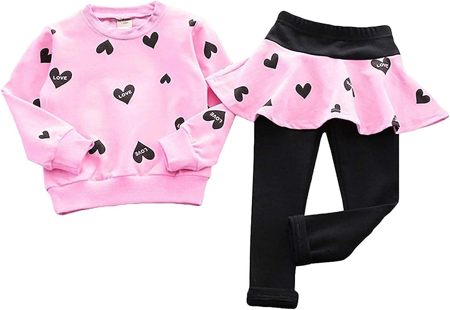 Little Girls Outfits Clothes Toddler Long Sleeve Heart Print Hoodie Shirts  Top + Leggings Kids Clothing Set 5-6 Years 1# Pink