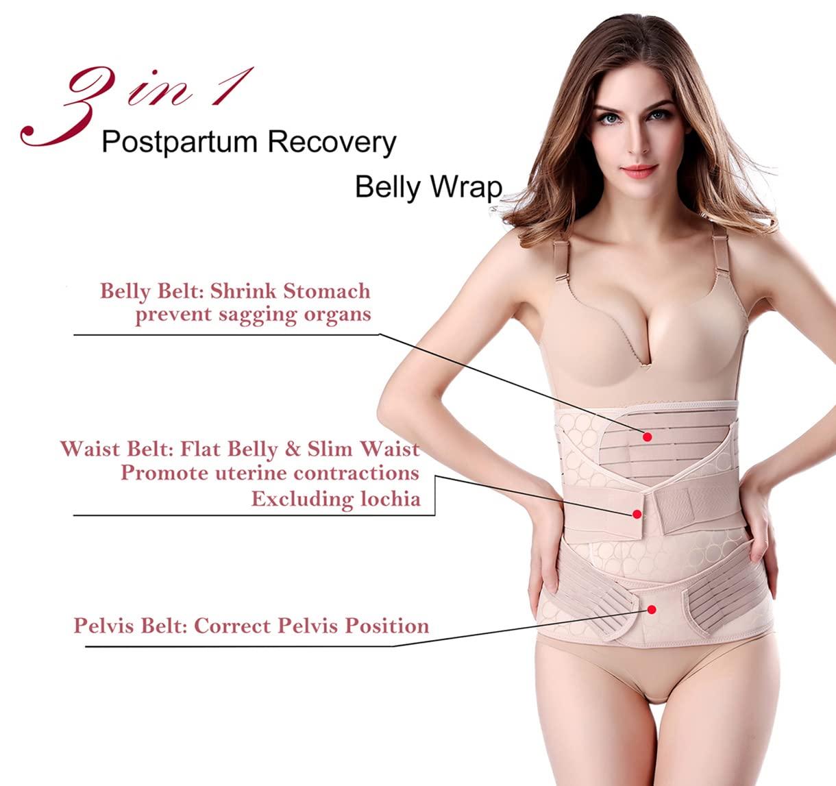 Postpartum Belly Wrap Band 3 in 1 Belt, C Section Girdle Support Recovery  Waist Pelvis Binder Postnatal Body Shapewear (Beige, Large)