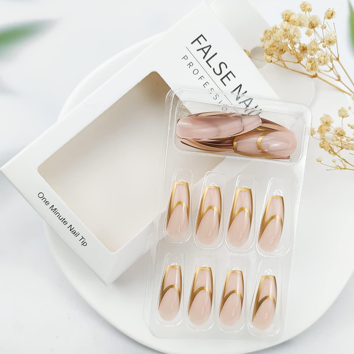 24pcs Gold Foil False Nail French Long Coffin Press on Nails for