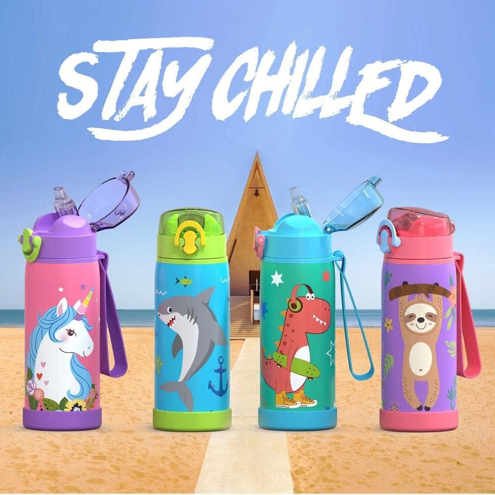 16 oz Insulated Water Bottle with Straw for Kids Durable Stainless Steel &  Leak Proof One Click Open Soft Sipper & Protective Silicone Boot (Unicorn)