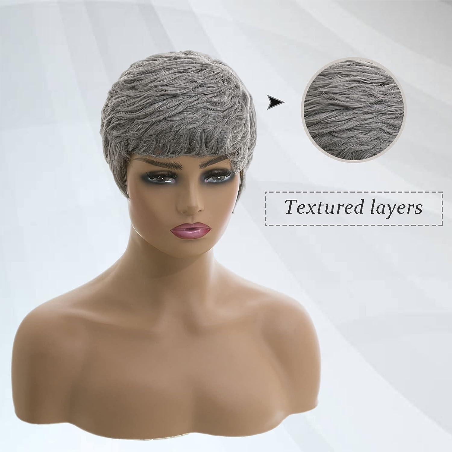 Gray Wig for Women, Elegant Fluffy Silver Gray Pixie Cut Wig Natural Appearance Thickened Mixed Curly Hair Wig Suitable for Daily Party Use for
