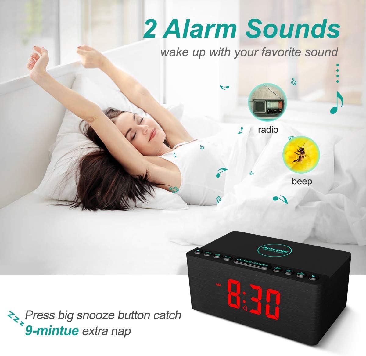 ANJANK Wooden Digital Alarm Clock FM Radio Fast Wireless Charger