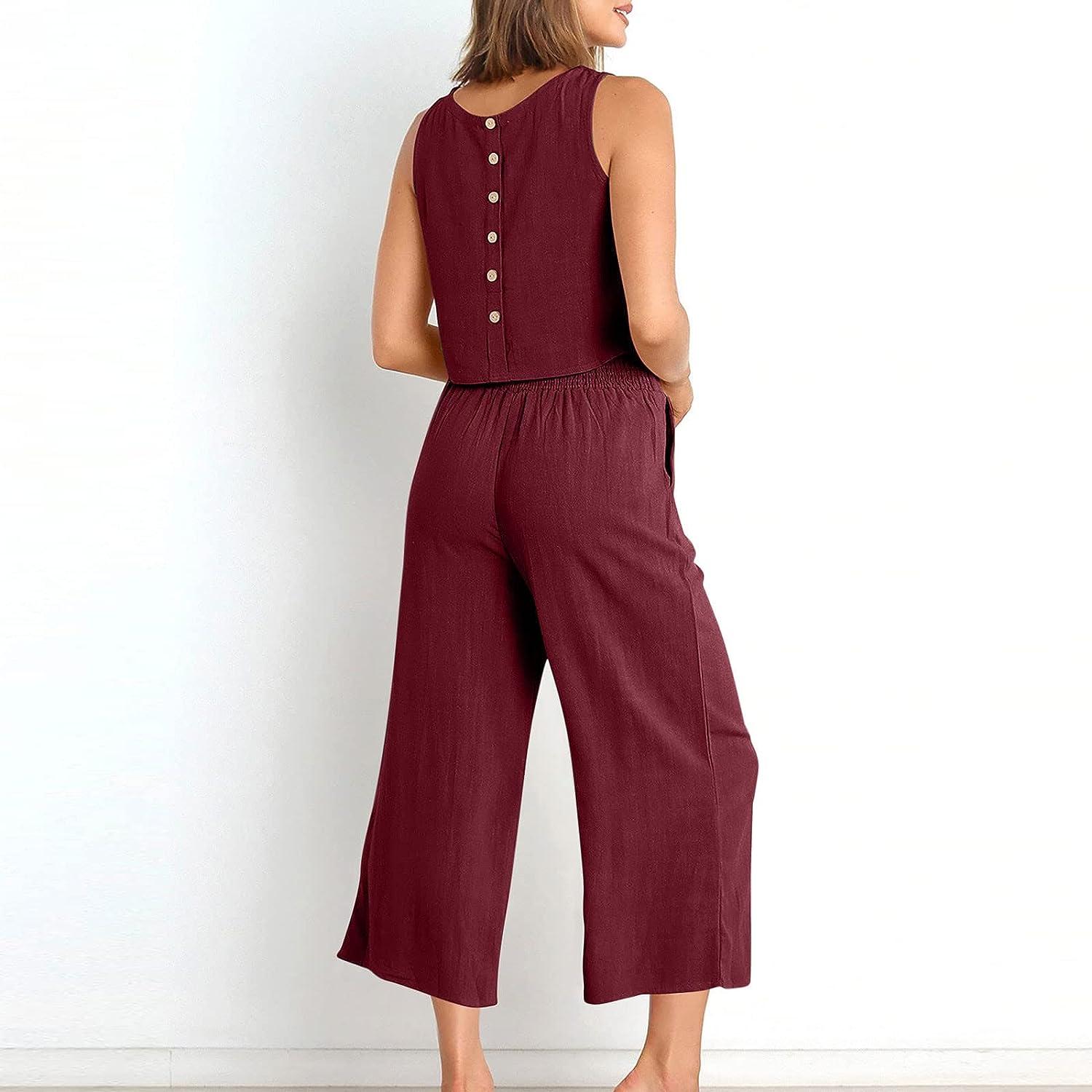 Two Piece Linen Sets for Women Solid Crop Tank Tops&Wide Leg Pants