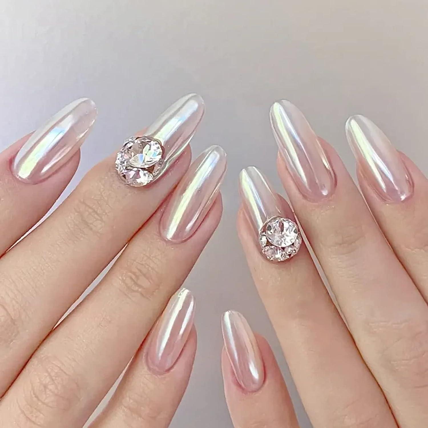 White pearl nails with a rhinestone accent | White nails, Acrylic nails, Pearl  nails