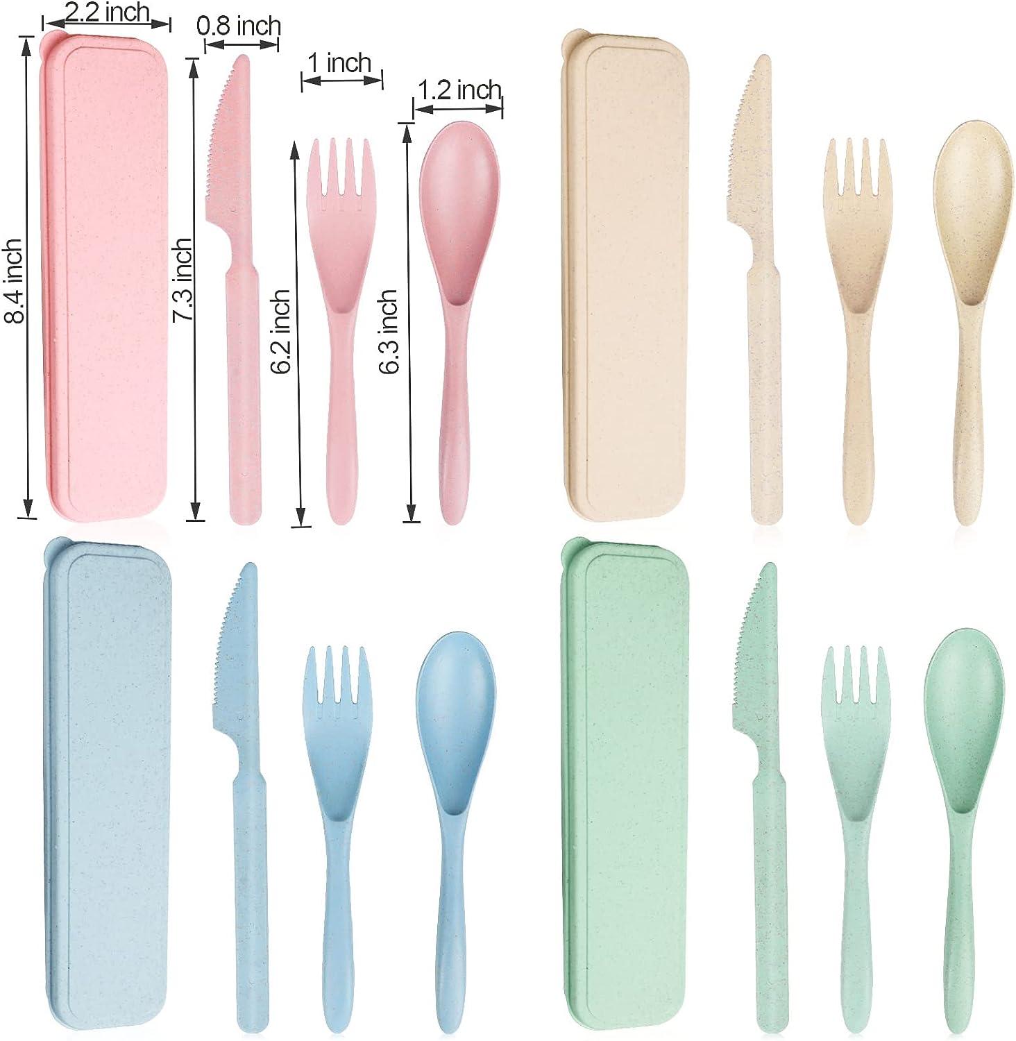  Reusable Travel Utensils Set with Case, 4 Sets Wheat Straw  Portable Knife Fork Spoons Tableware, Eco-Friendly Cutlery for Kids Adults  Travel Picnic Camping or Daily Use (Green, Beige, Pink, Blue) 