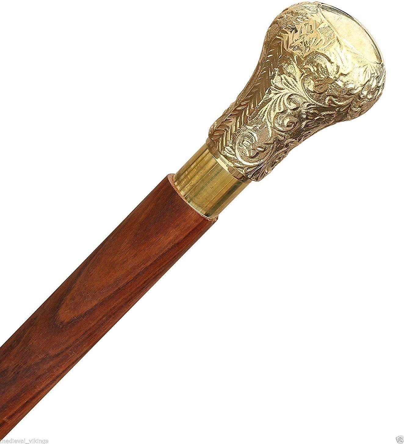 Antique Brass Handle Brown Wooden Walking Stick Cane Vintage Style