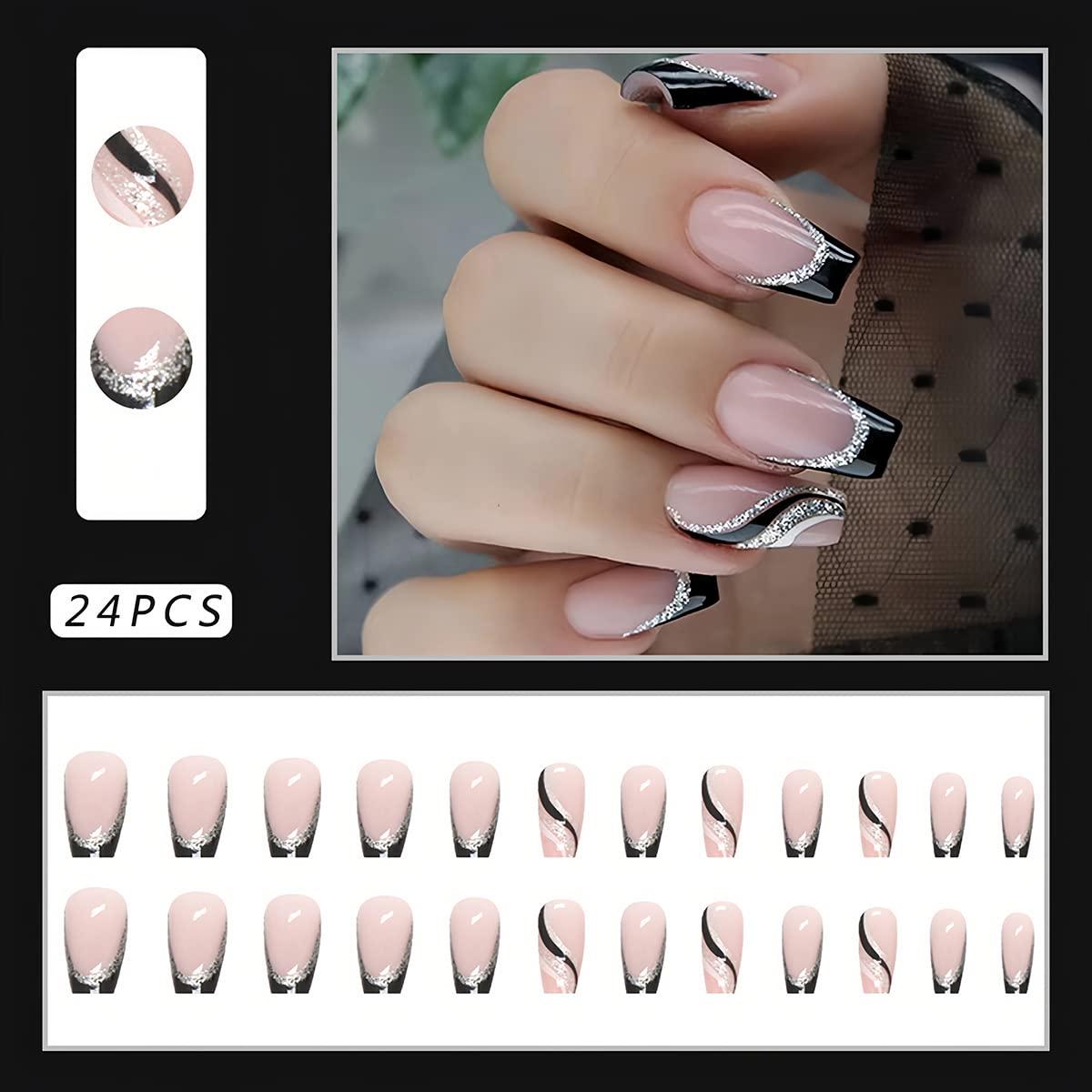 Elegant Black Silver Glitter Fake Nails Artificial Pre Design