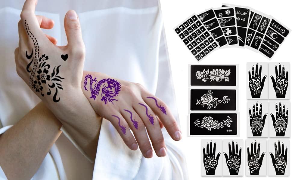 DIVAWOO 12 Sheet Henna Tattoo Stencils, Hand Temporary Tattoo Stickers,  Indian Arabian Self Adhesive Tattoo Templates BLACK