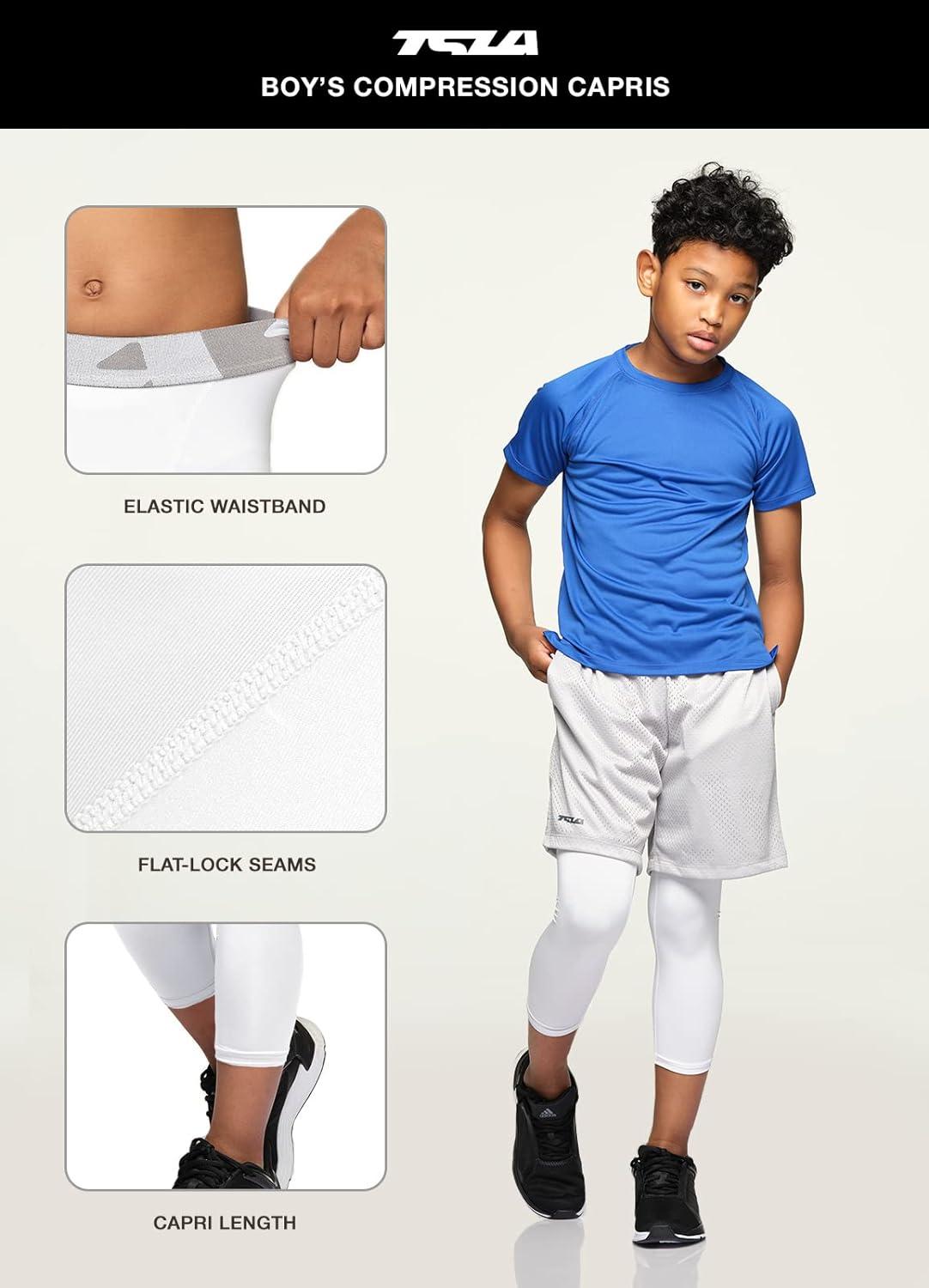 TSLA 1 or 2 Pack Boys Youth UPF 50+ Compression Pants Baselayer Cool Dry  Running Tights 4-Way Stretch Workout Leggings Capri 2pack White/ Blue 6