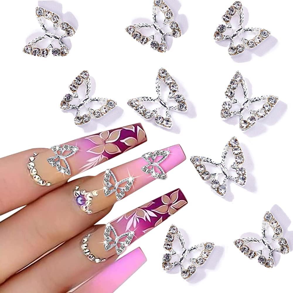 Crystal Butterfly Nail Charms 20pcs 3D Alloy Butterfly Charms for