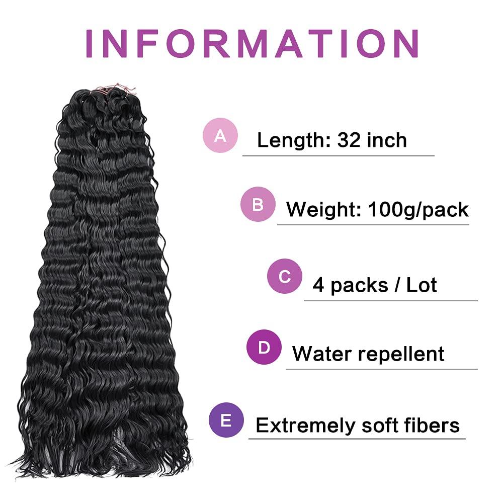 Silike Synthetic 32 inch Crochet Hair Curly Deep Wave Braiding Hair Long  Loose Ocean Wave Crochet Hair for Women Soft Like Human Hair Extensions 4  Packs (32inch 1B) 32 Inch (Pack of 4) 1B