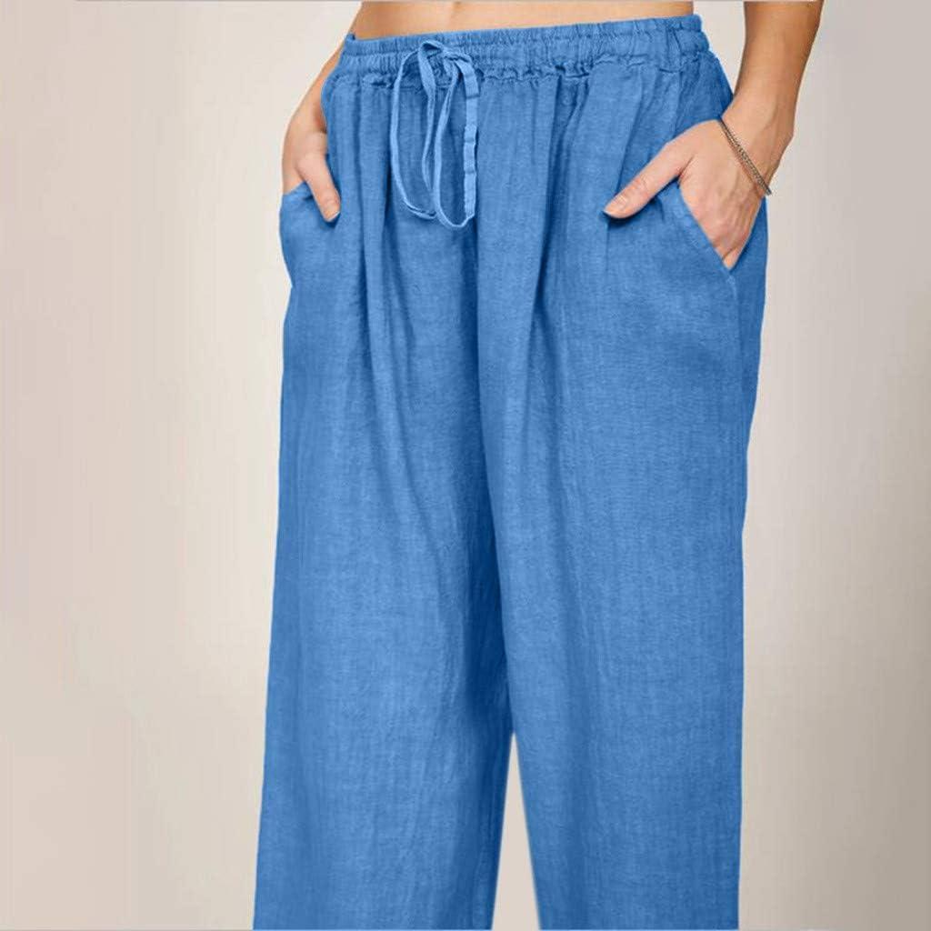Womens Cotton Linen Wide Leg Trousers Elastic High Waist Loose Pants Baggy  Plus