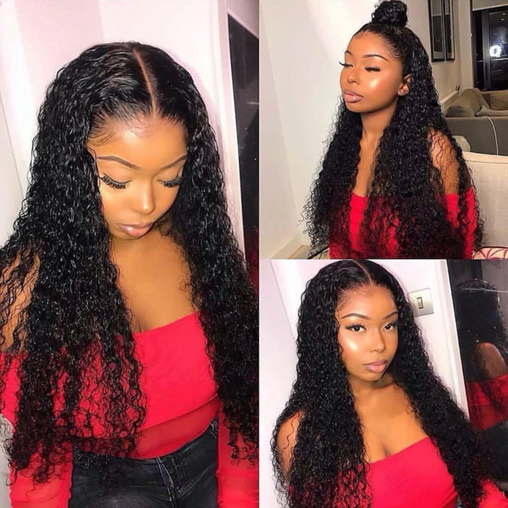 Curly Lace Front Wig Human Hair Wigs for Black Women HD Lace Front Wigs  Human Hair Pre Plucked 180% Density 4x4 Lace Closure Wigs Long Curly Wig  Natural Black Color(18 Inch) 