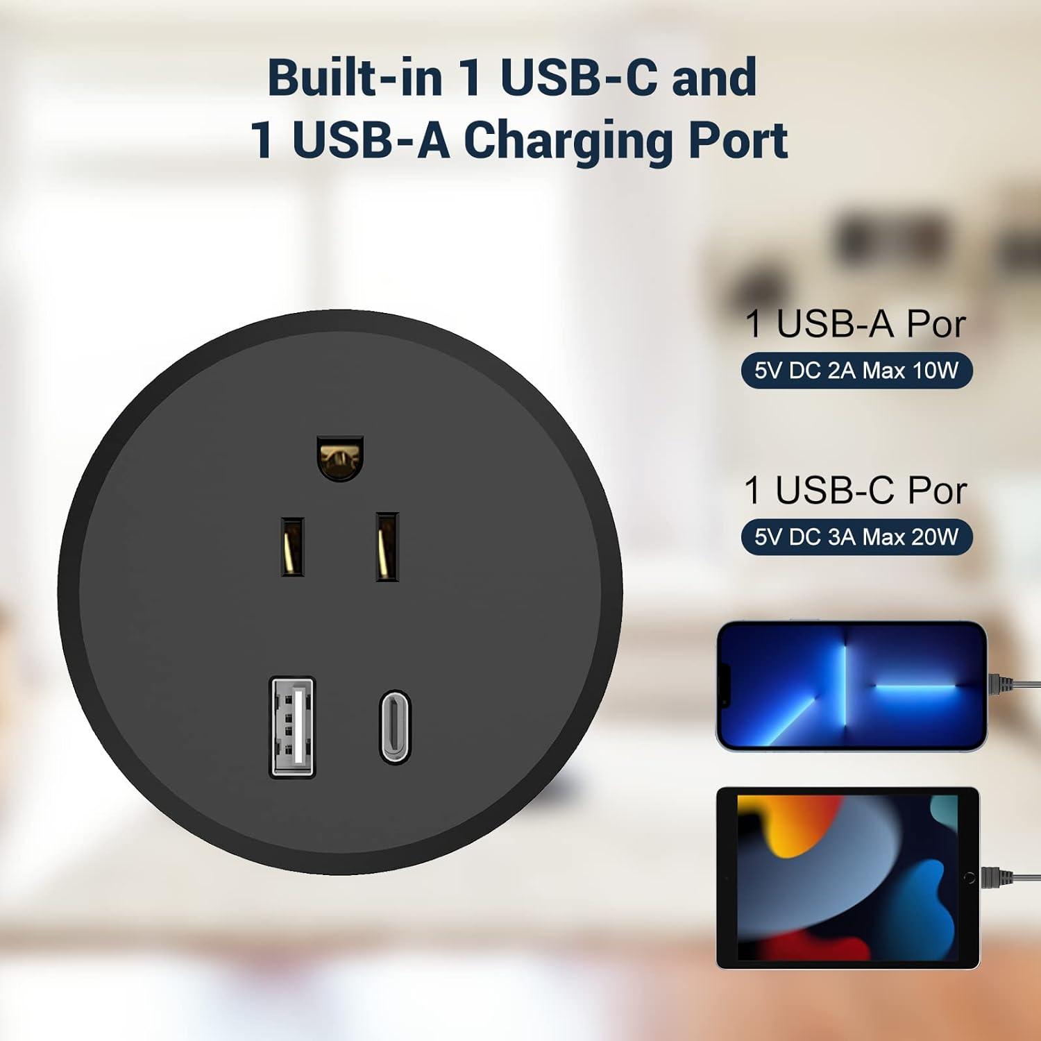 Desk Power Grommet with PD 20W USB C Port Recessed Power Desk Outlet with 1 AC  Plugs and 2 USB Ports 60mm/2 3/8 Flush Mount Grommet Power for Office Desk  Conference 6.56
