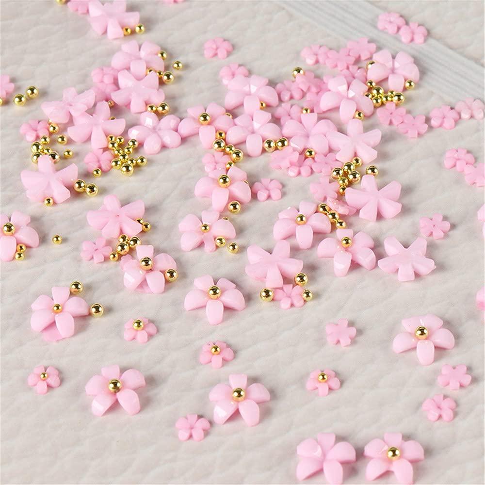 Dornail 3D Flower Nail Charms White Pink Acrylic Flowers Nail Rhinestones  With Nail Pearls Caviar Beads Nail Art Accessories for DIY Nail Decorations