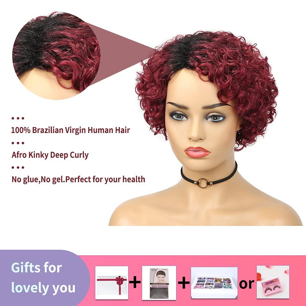 Quantum Love Human Hair Wigs Curly Wave Side Part Wig Short Bob Pixie Cut  Brazilian Remy Human Hair Deep Curly None Lace Front Wigs for Women Ombre  Black Brown Color OT30