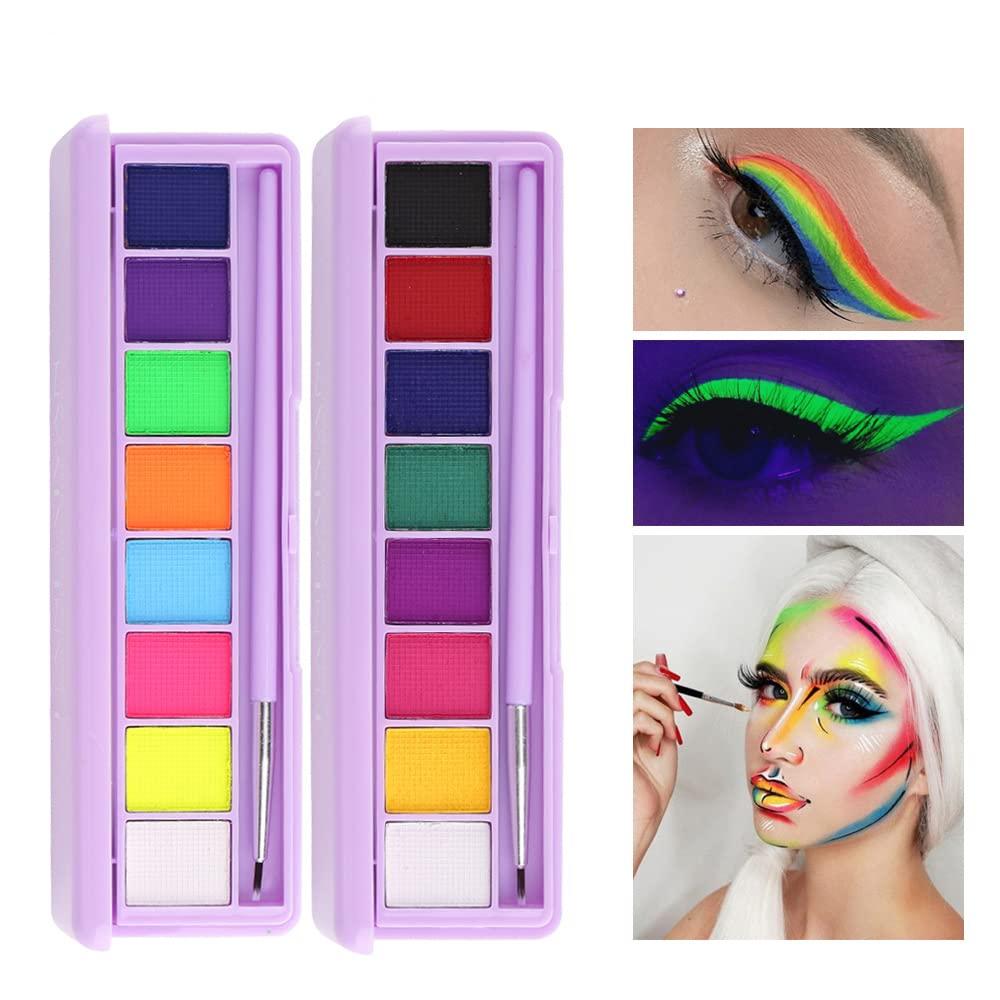 MEICOLY Glow UV Blacklight Face Paint, 8 Bright Colors Neon Fluorescent  Body Painting Palette,Water Activated Eyeliner,Glow In The Dark Halloween