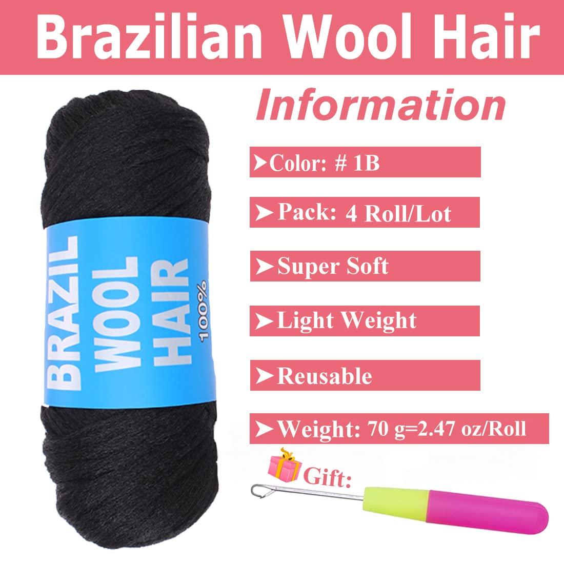 COOKOO 4 Roll Natural Black Brazilian Wool Hair Acrylic Yarn for African  Crochet Hair Jumbo Braids Senegalese Twisting Knitting Hair Braids Faux  locs Spiral Corkscrews Braids Twist Wraps 70G/Roll(1B) 4 Roll 1B