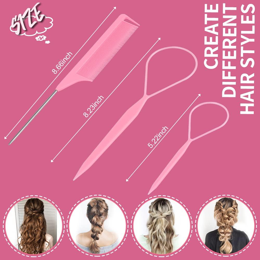 TsMADDTs 1000pcs Clear Small Rubber Elastics with Hair Loop Styling Tool  Set,1000pcs Rubber Hair Ties 2Pcs French Braid Tool Loop 1Pcs Rat Tail  Combs for Braiding Styling,Pink A-Clear