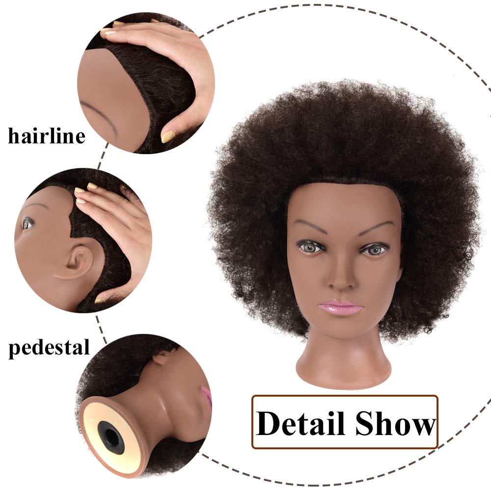 Rruaneal Afro Hair Mannequin Head With 100% Human Hair Curly Cosmetology  Doll Head Stand for Display Hairdresser Practice Braiding Styling Training