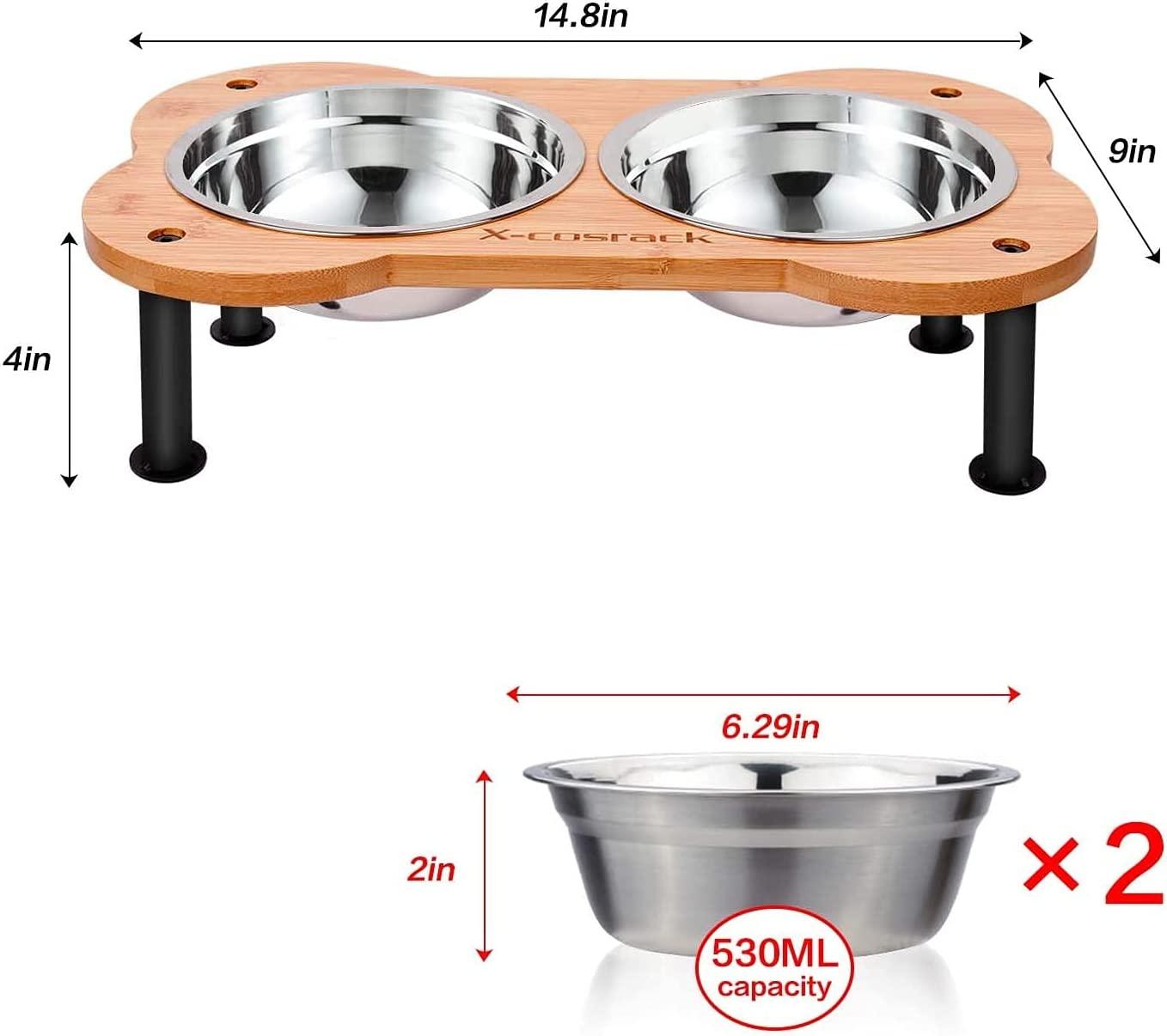 Upgraded Elevated Dog Bowls for Small Size Dogs and Cats Adjustable Bamboo Raised Dog Bowl Stand with Highly Absorbent Spill Proof Mat and 2 Stainless