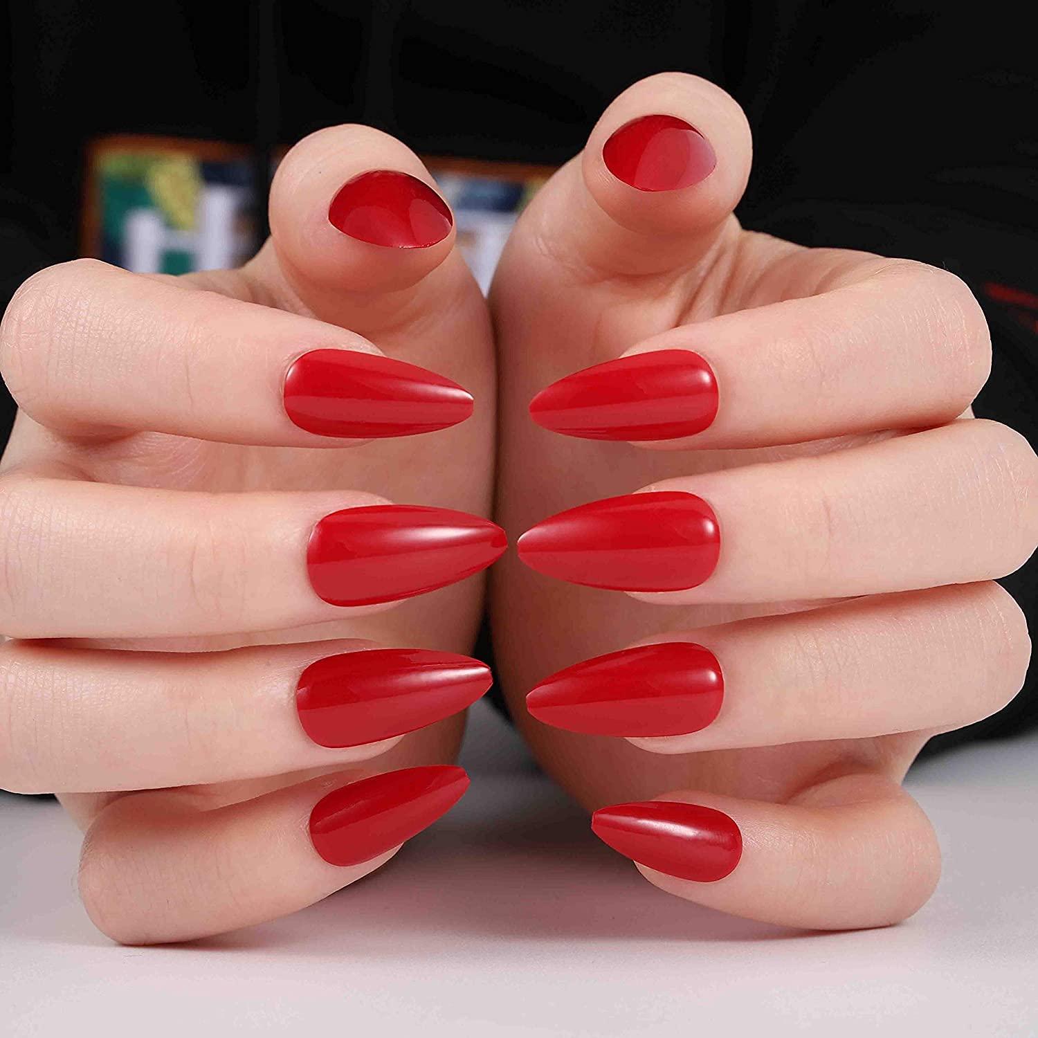 Red Press On Nails Almond Shape Fake Nails Medium Length False Nails Glossy Natural Nails Full 6685