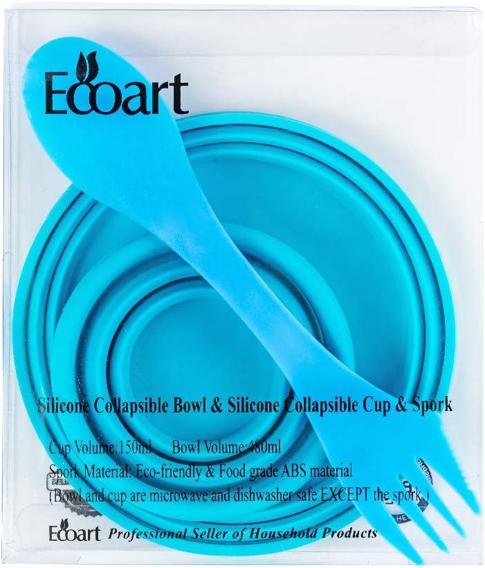 Ecoart Silicone Collapsible Bowl Cup Set with Spork for Outdoor Camping  Hiking Travel - Set of 3