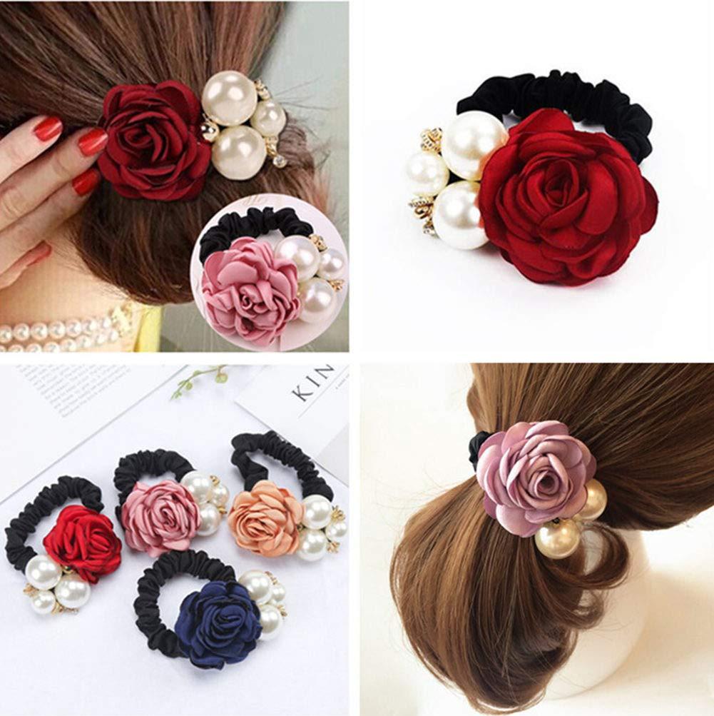 LOVEF 4Pcs Korean Fashion Pearl Hair Rope Rose Flower Hair band