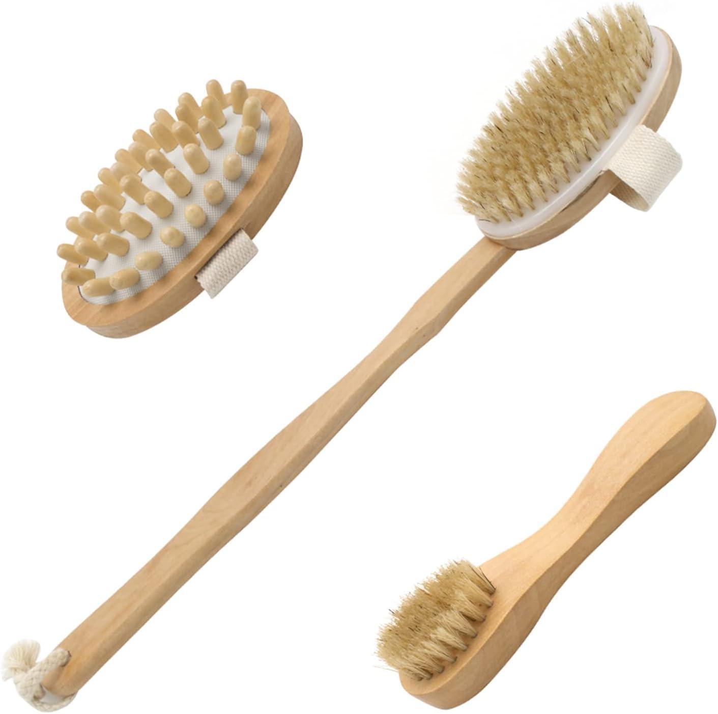 Dry Brushing Body Brush Set with 100% Natural Boar Bristles (Set of 3) | Skin Exfoliating Kit with Long Detachable Back Brush Contour Body and Face